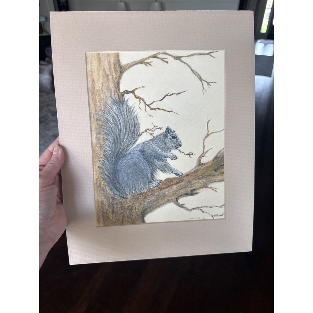 Original Ink/Pen/Chalk Hand-Colored Squirrel Drawing by Jeanne D. 1989